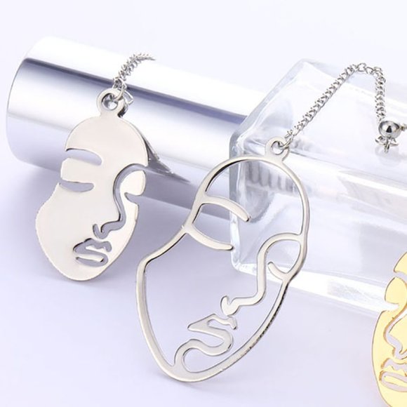 NEW Unique Abstract Hallow Face Asymmetric Stud Chain Drop Dangle Earring SILVER - Picture 4 of 8